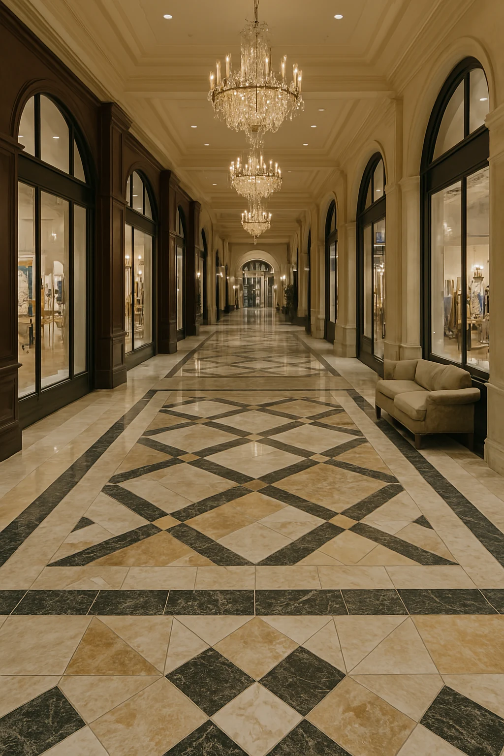 Elegant tiled hallway with checkerboard marble flooring